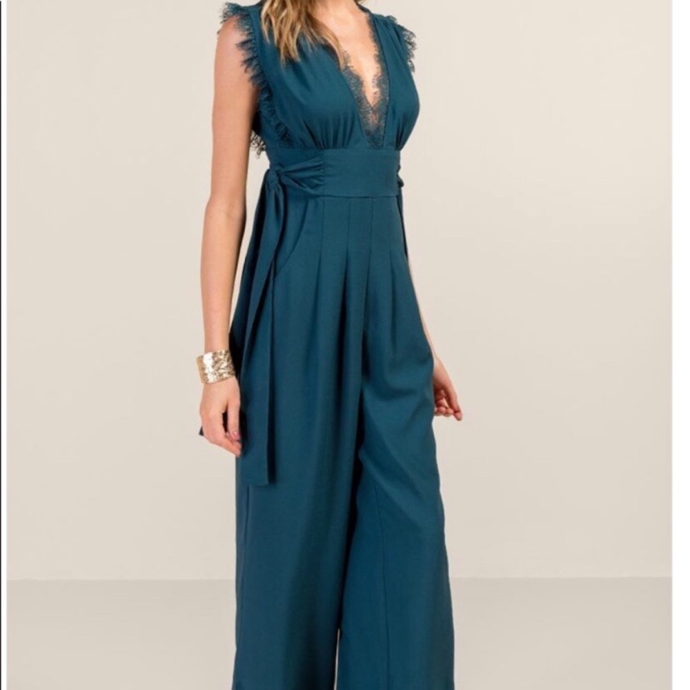 Dark Teal Jumpsuit with Eyelash Lace Details